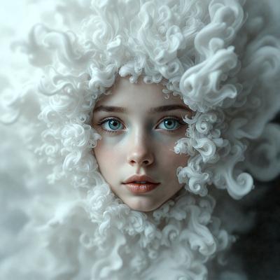 The primary subject of the image is a woman with long, flowing hair, wearing a white wig. She is looking at the camera with a pouty expression. The setting is a white background, which creates a clean and minimalist look. The visual style is a combination of a photo and digital art, as the woman's hair appears to be digitally manipulated. The colors in the image are predominantly white, giving it a clean and elegant appearance.
